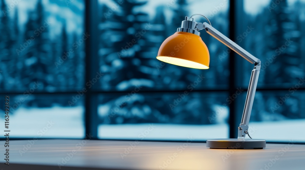 Poster bright and modern desk lamp illuminating a workspace with a snowy landscape in the background