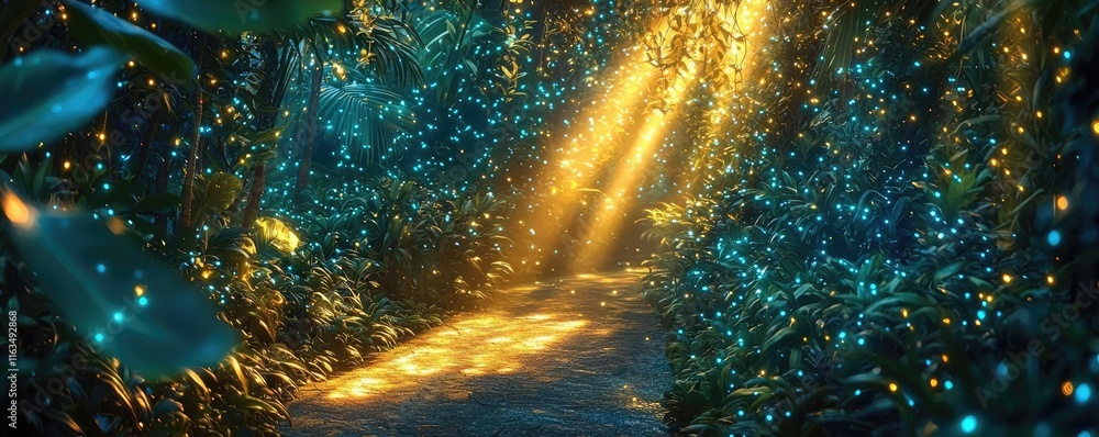 Poster mystical tropical concept. a serene forest path illuminated by golden sunlight filtering through lus