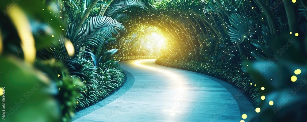 Aufkleber mystical tropical concept. a serene path illuminated by light, surrounded by lush greenery and vibra