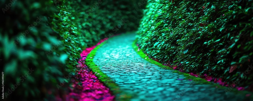Poster mystical lush idea. a vibrant path through lush greenery, inviting exploration and tranquility.