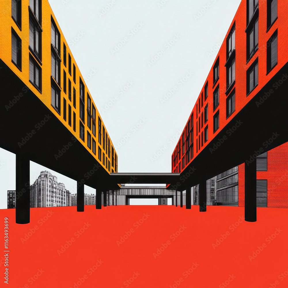 Poster a stylized view of modern architecture featuring bold colors and striking geometric shapes under a c