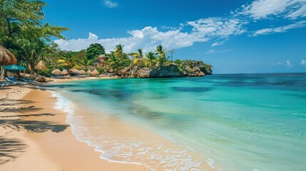 Fototapeta premium Breathtaking tropical Jamaican beach with towering coconut palms, pristine white sand, and turquoise waters under sunny Caribbean skies for an unforgettable island escape