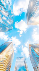 Tall modern skyscrapers reaching towards a bright blue sky with fluffy white clouds. A dynamic perspective of urban architecture with a sense of upward movement.