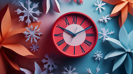 Countdown to the New Year 2025 with a retro clock striking midnight, snowflake design and festive...