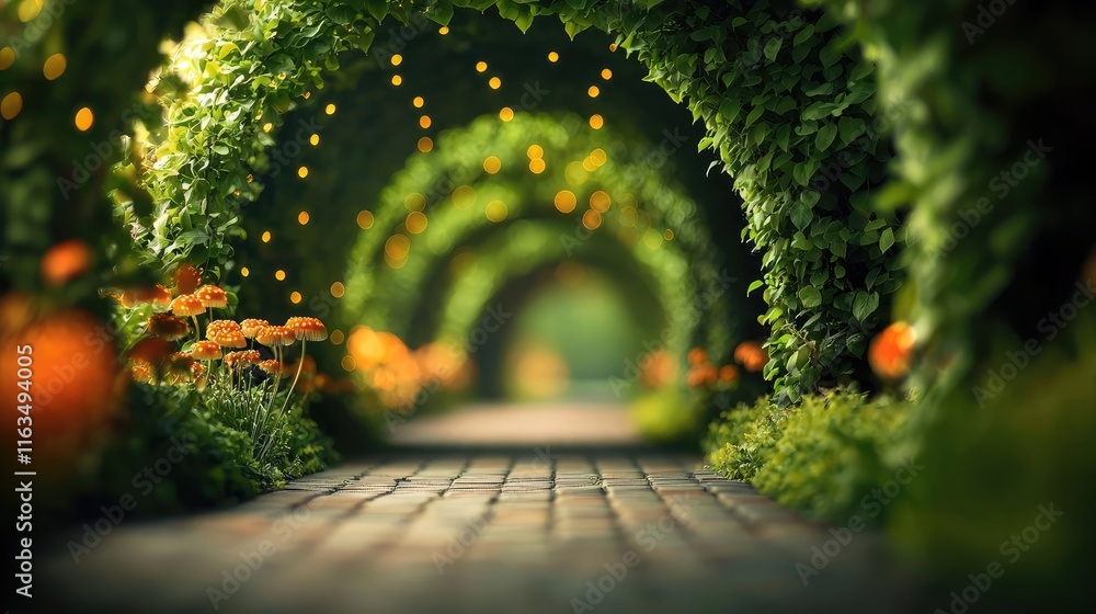 Poster mystical nature concept. a serene pathway lined with lush greenery and festive lights, inviting tran