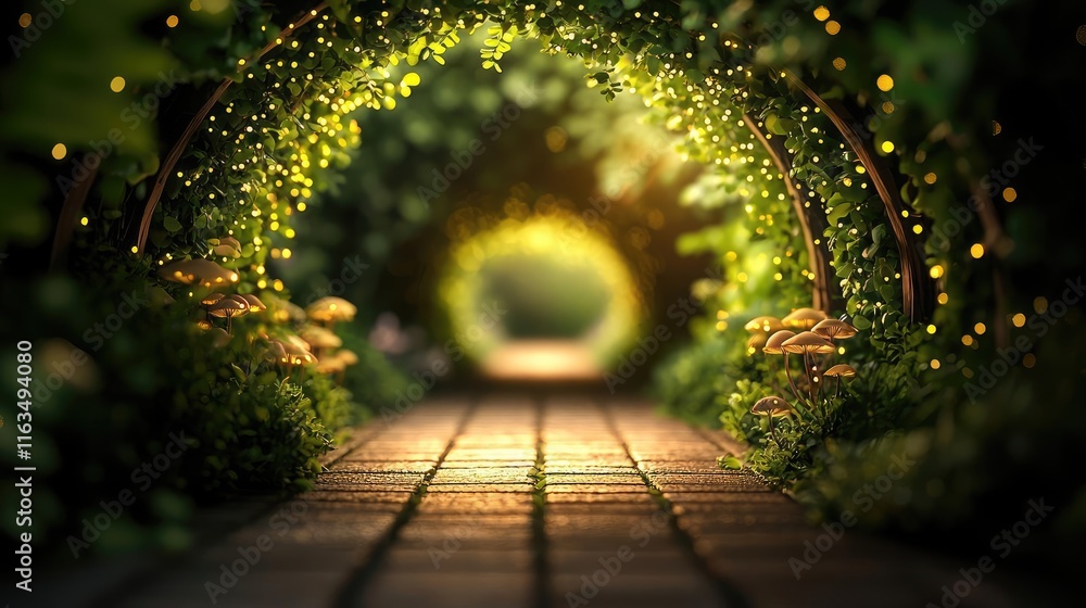 Poster mystical nature concept. a serene garden pathway illuminated by soft lights and surrounded by lush g