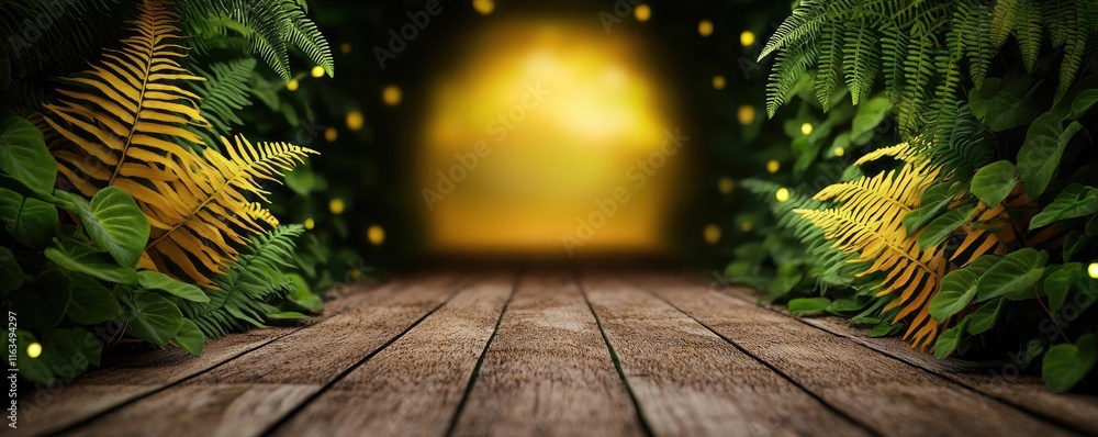 Poster mystical nature concept. a serene forest path illuminated by soft golden light, surrounded by lush f