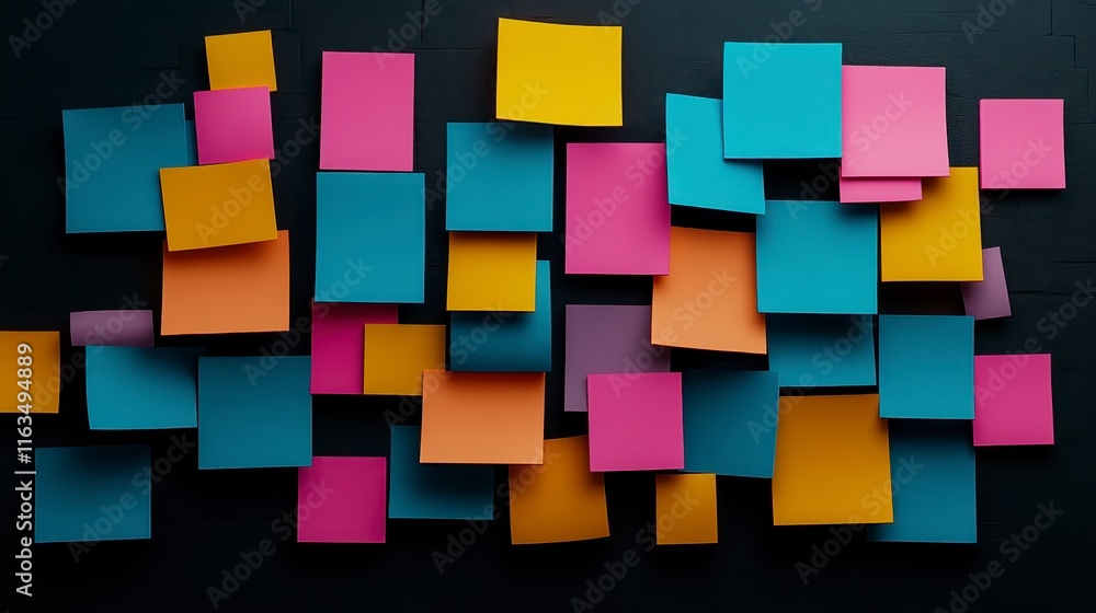 Poster colorful arrangement of sticky notes on a dark background showcasing creativity and brainstorming co