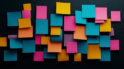 Colorful arrangement of sticky notes on a dark background showcasing creativity and brainstorming concepts in a modern workspace