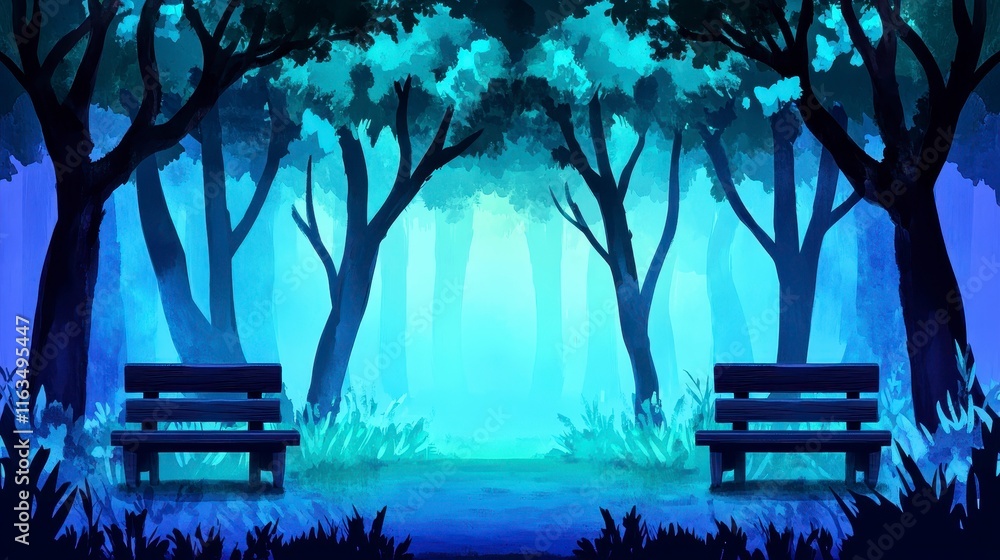 Poster a serene park scene with empty benches surrounded by lush trees and an ethereal mist, inviting tranq