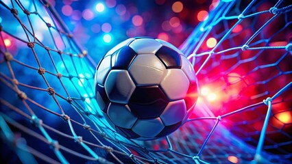 AI-powered drone shot: dramatic soccer goal, blue/red lights.
