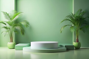 Fototapeta premium A minimalist pastel green podium showcases a cosmetic product.