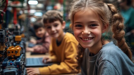 Fototapeta premium Smiling Girl and Friends Working on Robotics Project