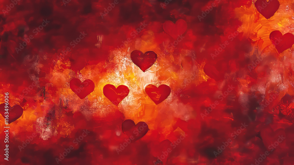 Poster seamless pattern of a repeat motif of a red flaming melting heart in square format symbolizing love 