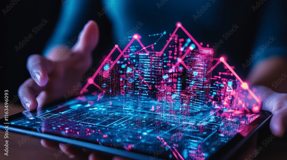 Poster futuristic financial technology concept showcasing a digital tablet displaying a 3d graph of city bu