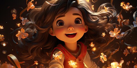 Animated girl with flowers and glowing light.