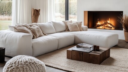 Modern sectional sofa in minimalist living room with fireplace.