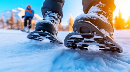 Snowy winter adventure featuring close-up of snowshoe boots on a pristine, snowy landscape with mountains in the background