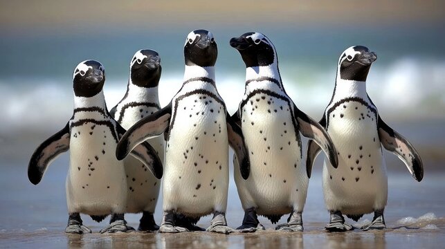 A delightful group of five Magellanic penguins waddling together on a sandy beach near the ocean, showcasing their unique black and white plumage under the bright sunlight.