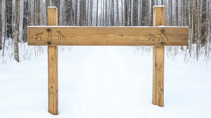 Naklejka premium Wooden signpost marking a winter trail through a serene, snow-covered forest of tall trees