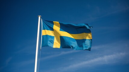 The Swedish flag gracefully flies under a bright blue sky