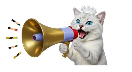 Fototapeta premium Art collage. A crazy cat with a megaphone. Promotion, action, ad, job questions, discussion. Vacancy. Business concept, communication, . information, news, boss, team media relations