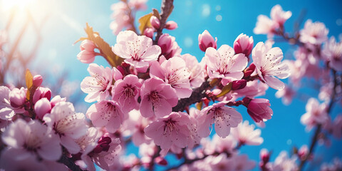 Cherry blossoms bloom under a bright sky in springtime nature