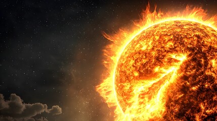 Obraz premium A dramatic close-up view of a sun engulfed in intense solar flares.