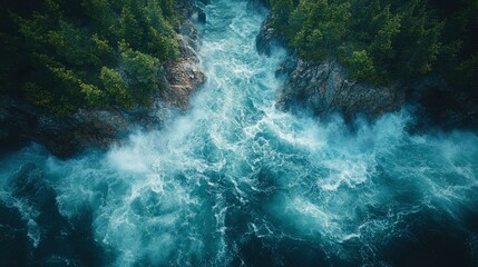 Fototapeta premium Aerial View of a Powerful River Rushing Through a Lush Green Forest