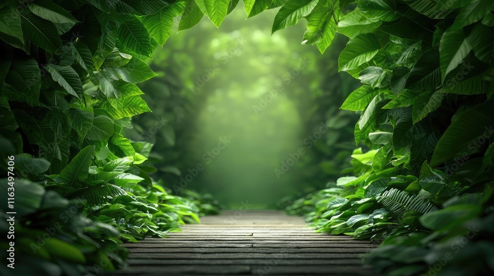 Poster mystical lush idea. a serene pathway through lush green foliage, inviting exploration and tranquilit