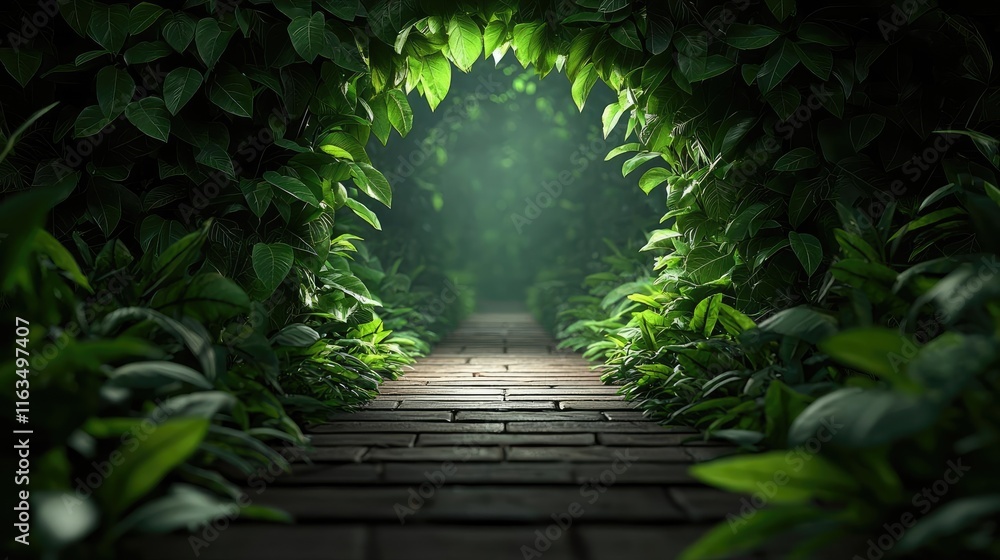 Aufkleber mystical lush idea. a serene pathway surrounded by lush greenery leading into a magical forest.