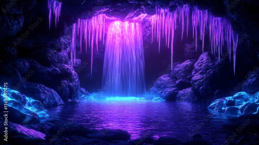 Poster a mesmerizing neon-lit cave with a glowing waterfall cascading into a serene pool of water, creating