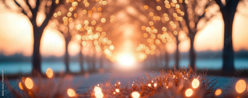Poster mystical nature concept. a beautiful sunset illuminating a pathway adorned with glowing lights and t