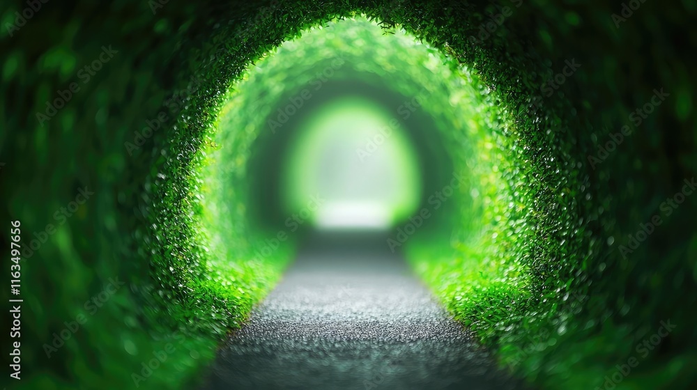 Poster mystical lush idea. a serene green tunnel made of lush foliage inviting tranquility and exploration 