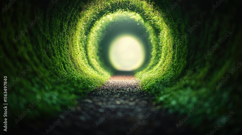 Poster mystical lush idea. a serene path through a lush green tunnel, inviting exploration and tranquility.