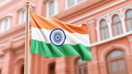 Indian national flag waving in front of a historic red building under a clear blue sky, symbolizing pride, patriotism, and cultural heritage.