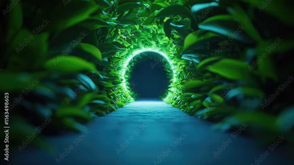 Aufkleber mystical lush idea. a serene pathway surrounded by lush greenery, leading to a glowing circular open