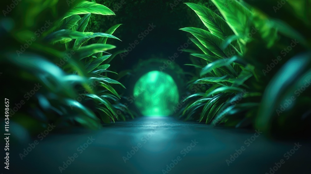 Poster mystical lush idea. a serene pathway through lush greenery leading to a glowing archway of light.