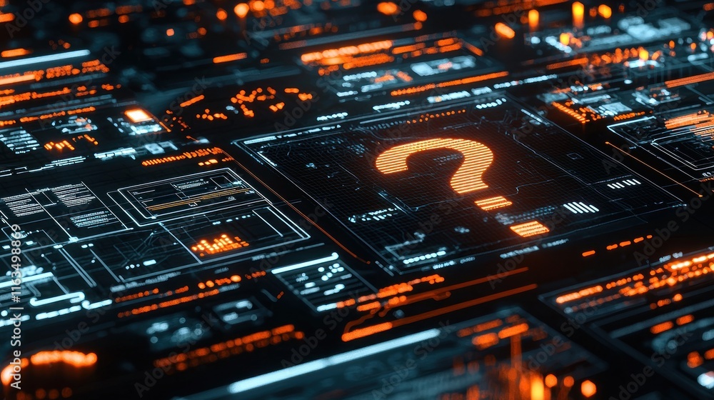 Poster digital enigma: a glowing question mark on a futuristic interface
