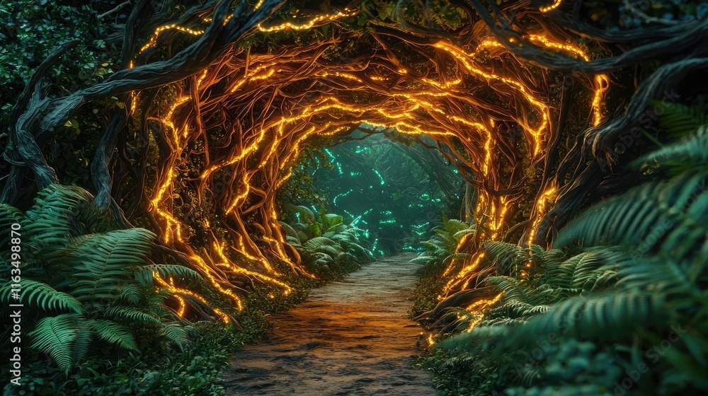 Poster mystical tropical concept. a mystical forest pathway illuminated by glowing vines and surrounded by 