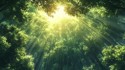 Obraz premium Enchanting green forest bathed in sunlight streaming through trees in vibrant cartoon and anime style illustration