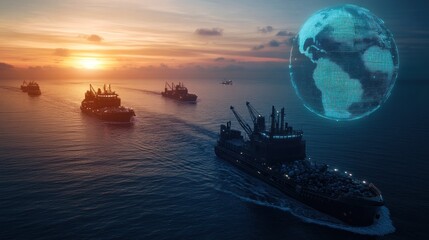 Obraz premium Global Maritime Shipping at Sunset: A Fleet of Cargo Ships Navigating the Ocean Under a Digital Globe