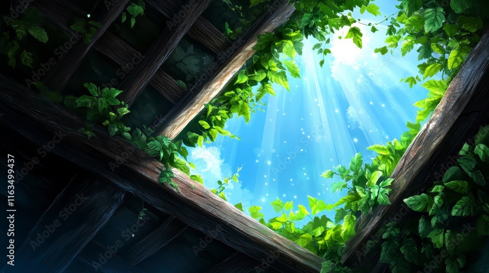 Poster a serene view of sunlight streaming through a leafy canopy, illuminating a rustic wooden structure a