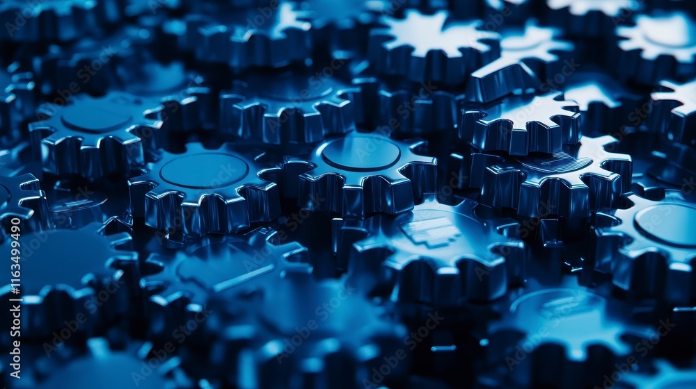 Poster close-up view of numerous interlocking blue metallic gears showcasing intricate designs and reflecti