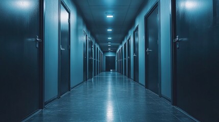A long hallway lined with black storage unit door
