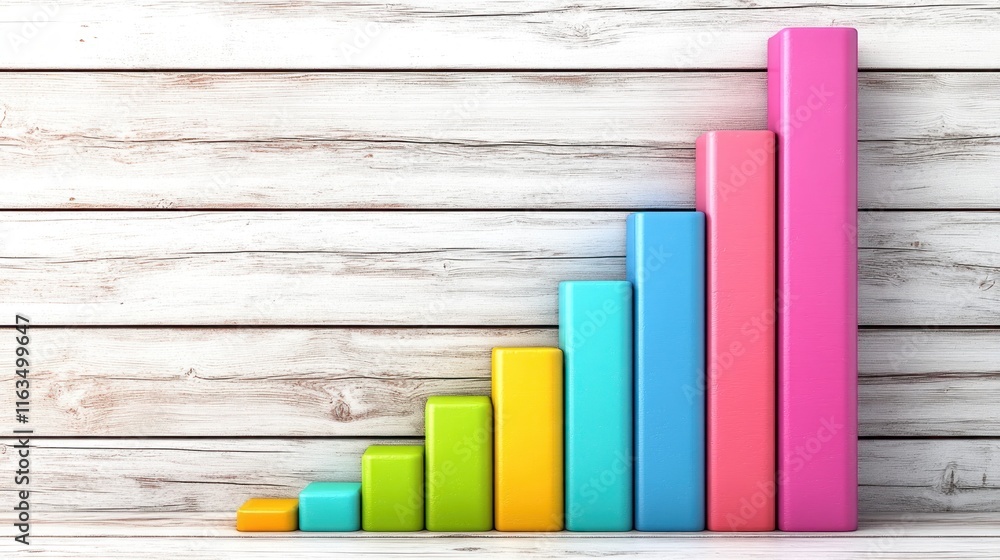 Poster colorful ascending bar graph on white wooden background growth chart statistics progress