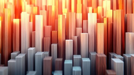 Obraz premium Abstract Wooden Blocks Background 3D Render Warm Light Data Visualization Geometric Pattern Texture on Blur Background