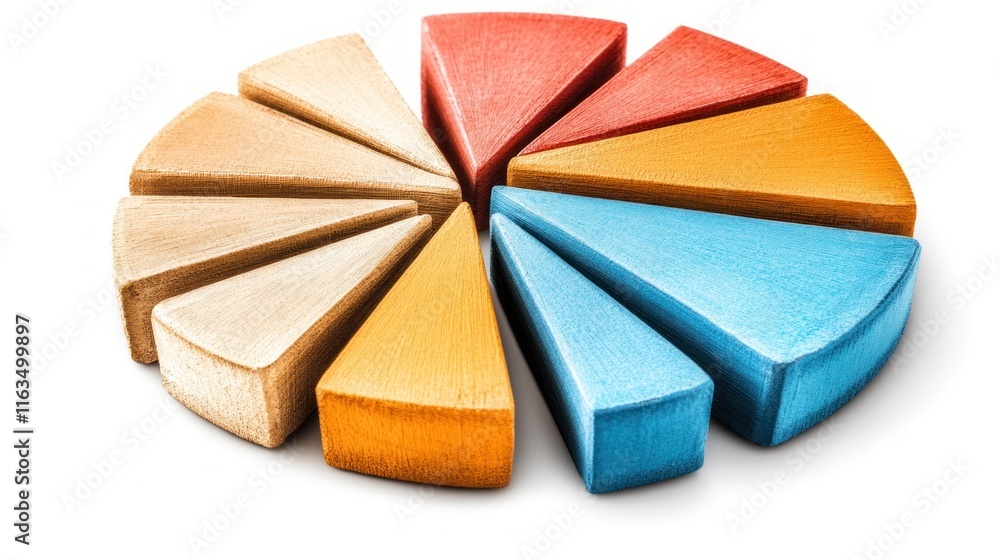 Poster colorful wooden pie chart sections data visualization business graph statistics marketing concept