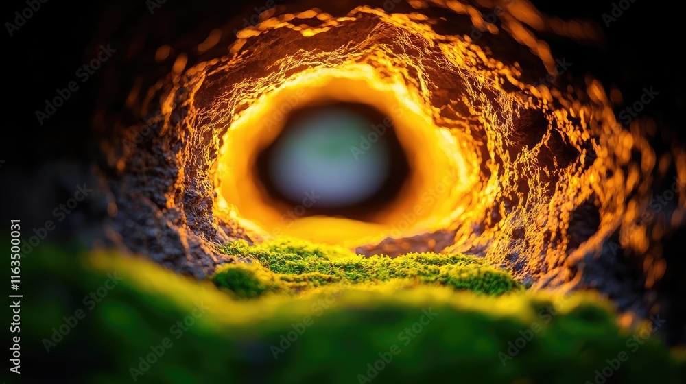 Poster mystical nature concept. a vibrant circular view showing light through a natural tunnel with lush gr
