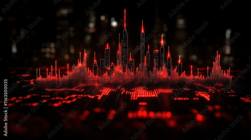 Poster blur background of futuristic cityscape digital art red neon skyline and data visualization